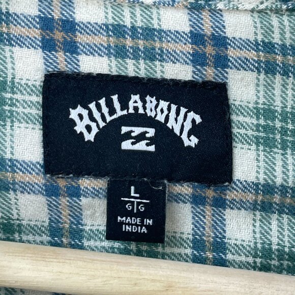 NEW Billabong Mens Large Coastline Flannel Shirt Green Plaid Wave Washed - Picture 3 of 9